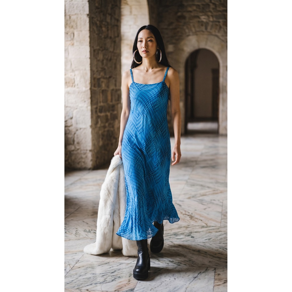 Meghan Matthews Blue Geometric Scale Mesh Slip Dress BiasCut Sz 6 Y2K Whimsigoth